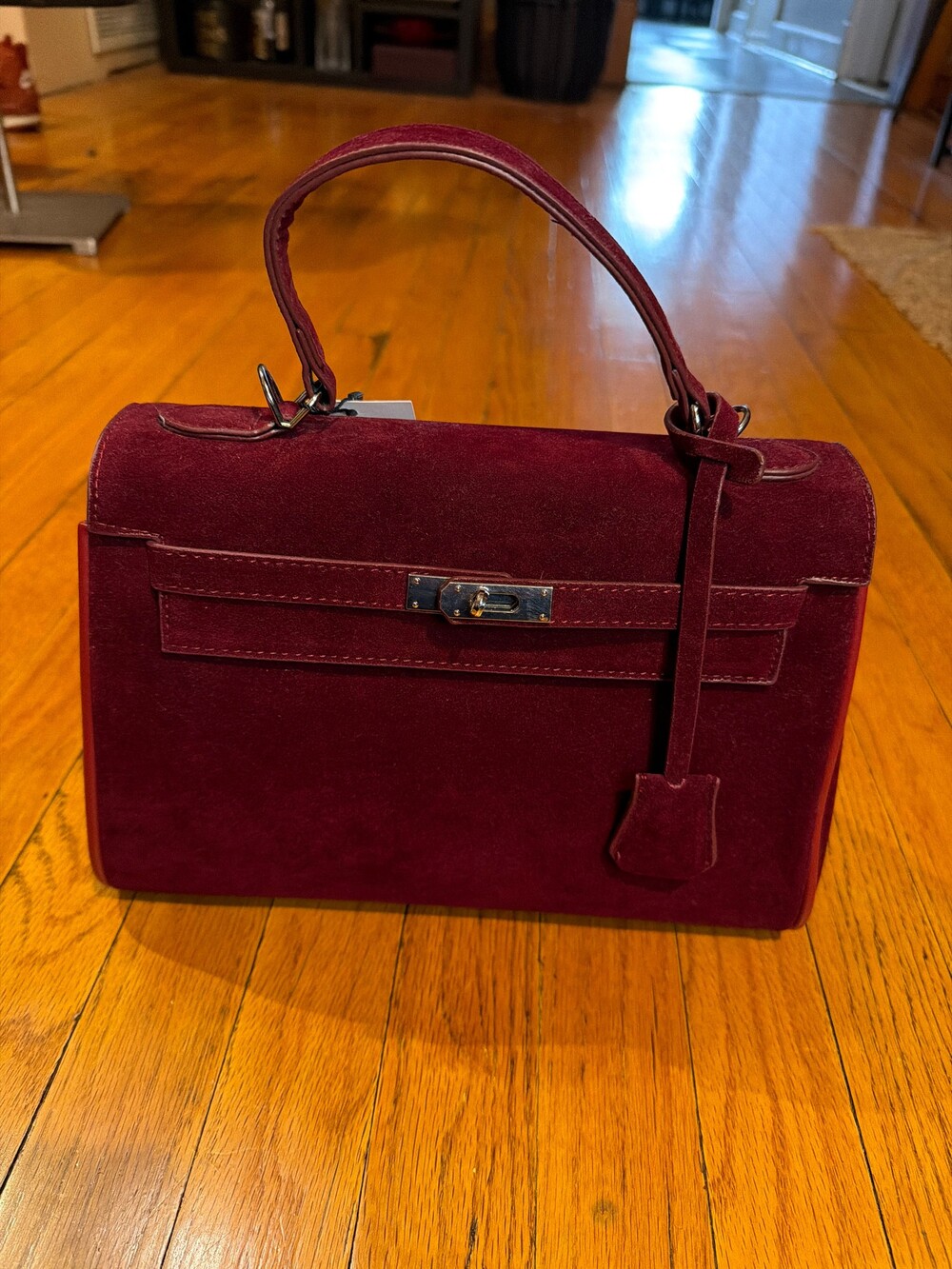 Burgundy Suede Handbag with Silver-Tone Turn-Lock Closure